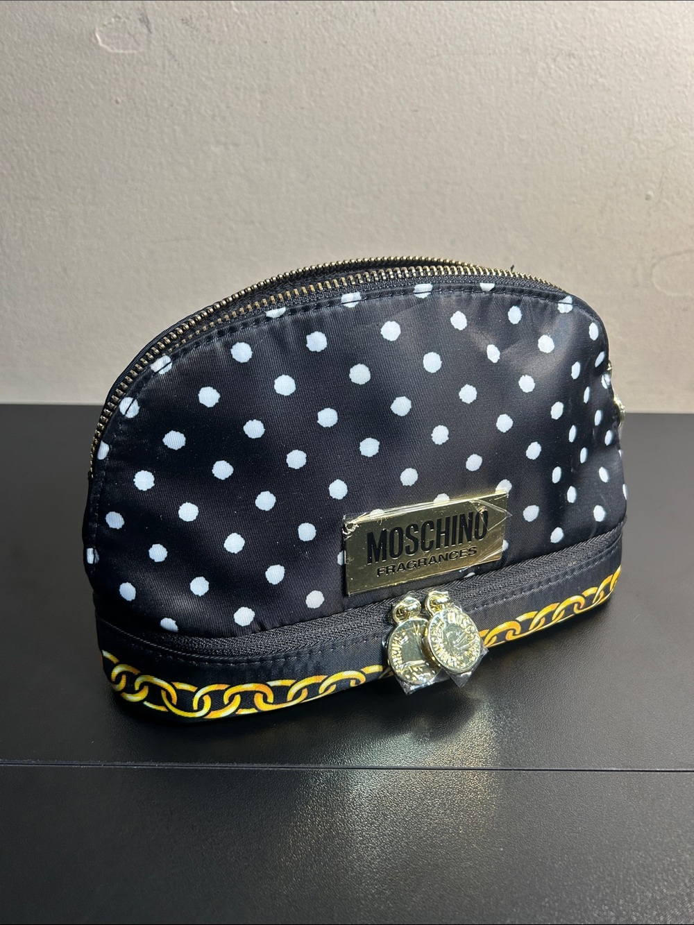 Moschino Black and White Polka Dot Cosmetic Pouch with Gold Plaque